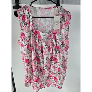 Camisa Pink White Floral Pleat Front‎ Square Neck Tank Top Plus Size 2X NEW